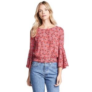 Jack BB Dakota Floral Bell Sleeve Blouse Size S Pink Tie Back Boat Neck